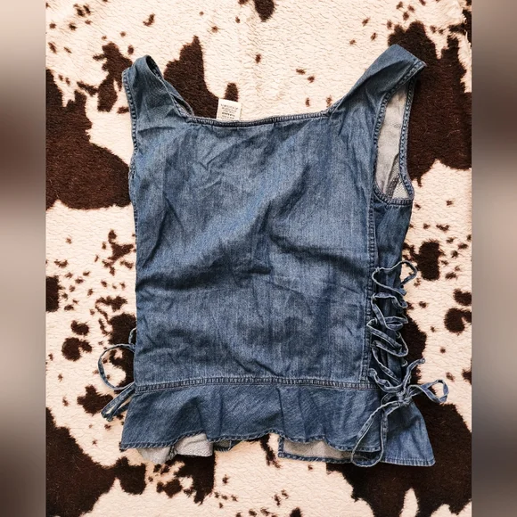 "FADED GLORY" WOMEN'S 90'S LACE UP DENIM TIE DETAIL TANK - BLUE - Picture 4 of 4